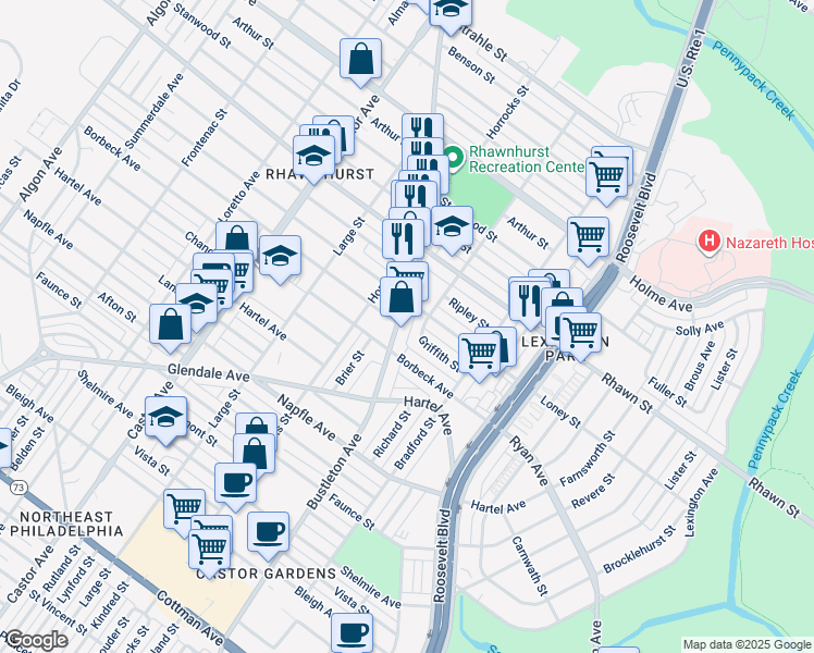 map of restaurants, bars, coffee shops, grocery stores, and more near 7915 Bustleton Avenue in Philadelphia