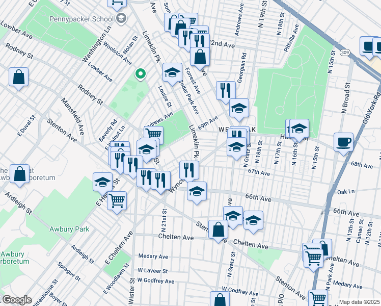 map of restaurants, bars, coffee shops, grocery stores, and more near 2058 Eastburn Avenue in Philadelphia