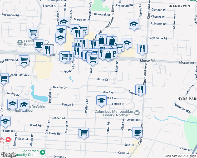 map of restaurants, bars, coffee shops, grocery stores, and more near 2122 Fitzroy Drive in Columbus