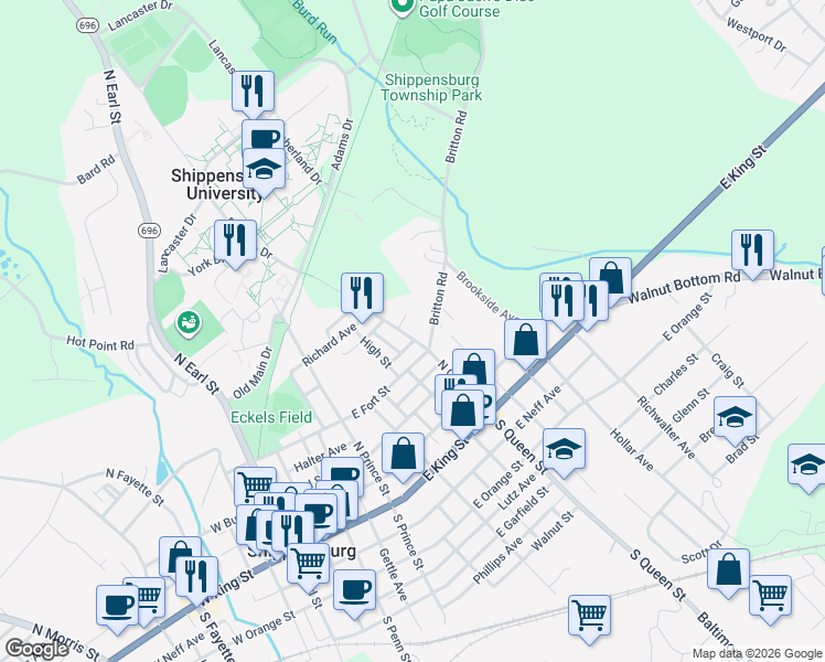 map of restaurants, bars, coffee shops, grocery stores, and more near 201 North Queen Street in Shippensburg