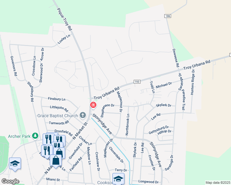 map of restaurants, bars, coffee shops, grocery stores, and more near 1480 Maplecrest Drive in Troy