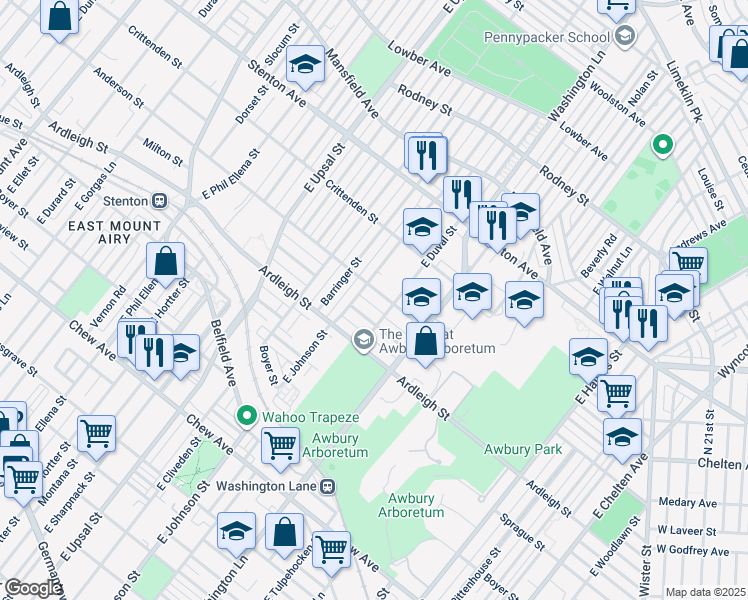 map of restaurants, bars, coffee shops, grocery stores, and more near 6334 Anderson Street in Philadelphia