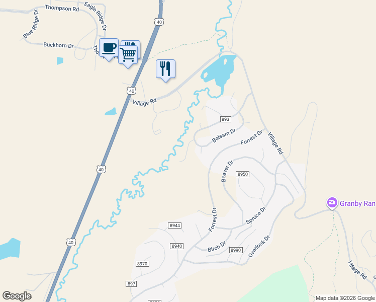 map of restaurants, bars, coffee shops, grocery stores, and more near Willow Drive in Granby