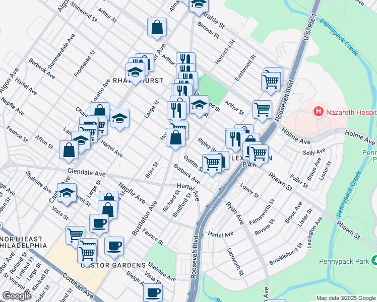 map of restaurants, bars, coffee shops, grocery stores, and more near 7927 Bustleton Avenue in Philadelphia