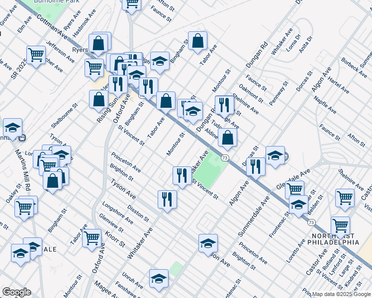 map of restaurants, bars, coffee shops, grocery stores, and more near 7237 Montour Street in Philadelphia