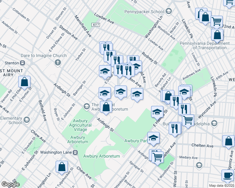 map of restaurants, bars, coffee shops, grocery stores, and more near 1237 Washington Lane in Philadelphia