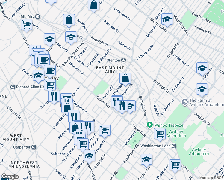 map of restaurants, bars, coffee shops, grocery stores, and more near 405 East Phil Ellena Street in Philadelphia