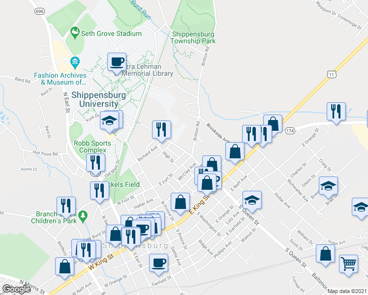 map of restaurants, bars, coffee shops, grocery stores, and more near 201 North Queen Street in Shippensburg