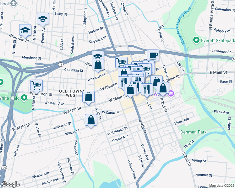 map of restaurants, bars, coffee shops, grocery stores, and more near 68 West Main Street in Newark