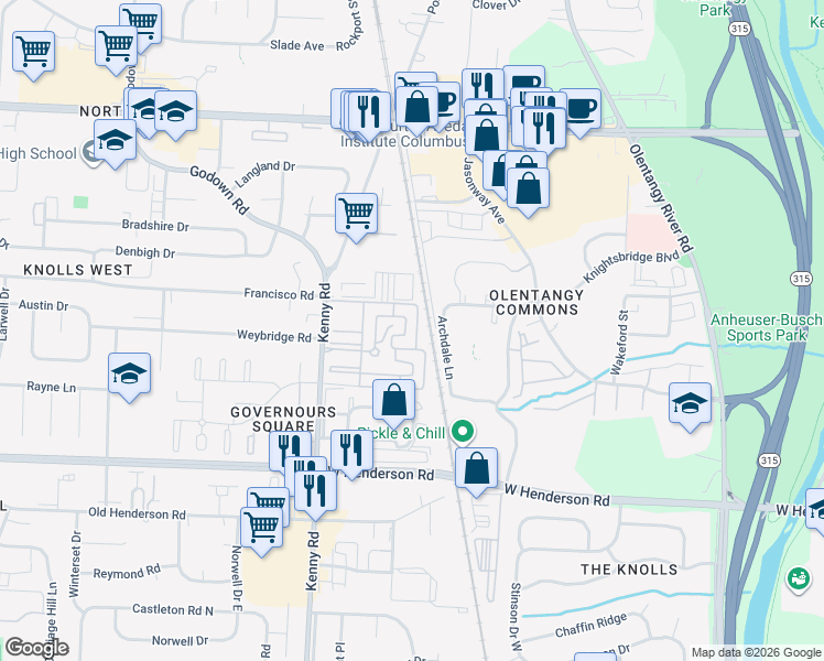 map of restaurants, bars, coffee shops, grocery stores, and more near 1074 Weybridge Road in Columbus