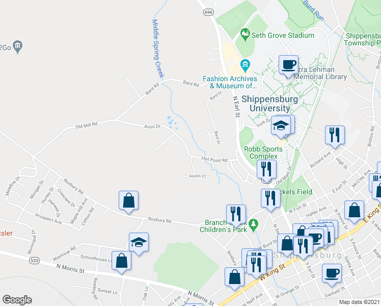 map of restaurants, bars, coffee shops, grocery stores, and more near 101 Hot Point Avenue in Shippensburg