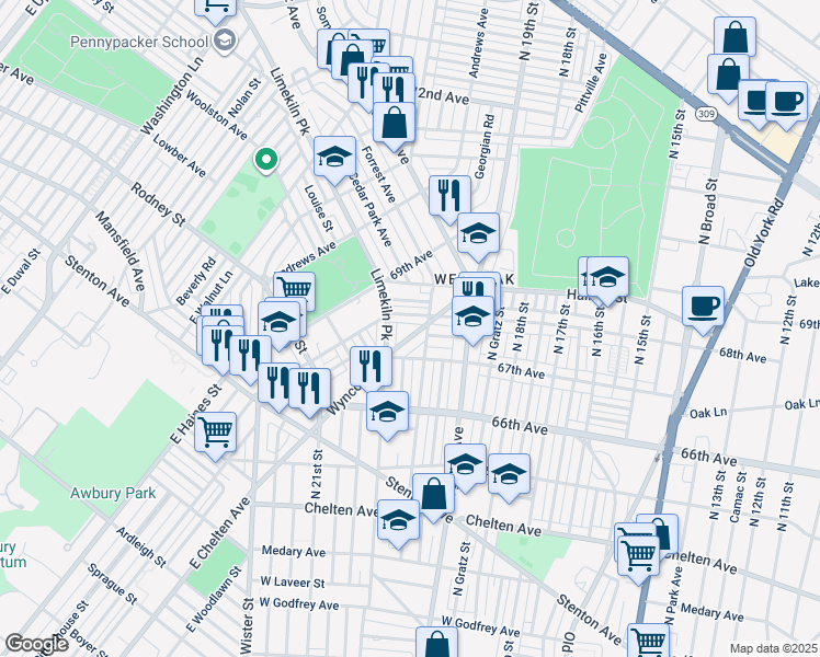 map of restaurants, bars, coffee shops, grocery stores, and more near 6740 Wyncote Avenue in Philadelphia