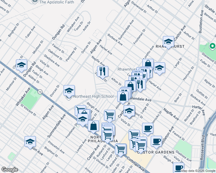 map of restaurants, bars, coffee shops, grocery stores, and more near 1722 Shelmire Avenue in Philadelphia