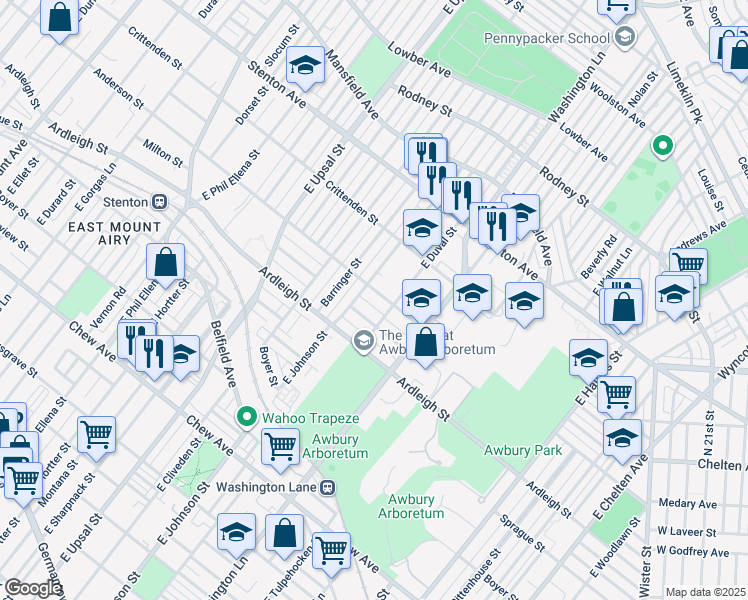 map of restaurants, bars, coffee shops, grocery stores, and more near 6334 Anderson Street in Philadelphia