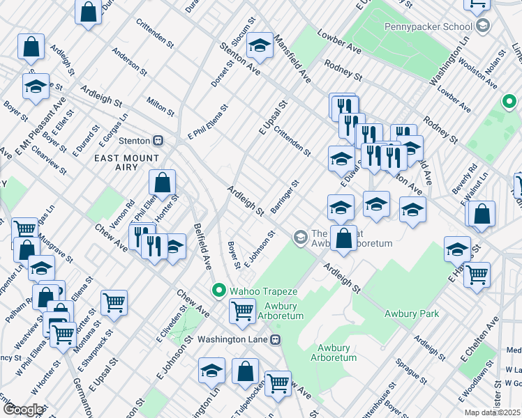 map of restaurants, bars, coffee shops, grocery stores, and more near 1100 East Cliveden Street in Philadelphia
