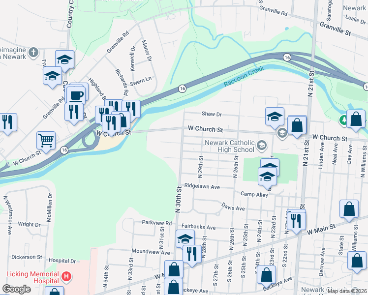 map of restaurants, bars, coffee shops, grocery stores, and more near 303 North 30th Street in Newark