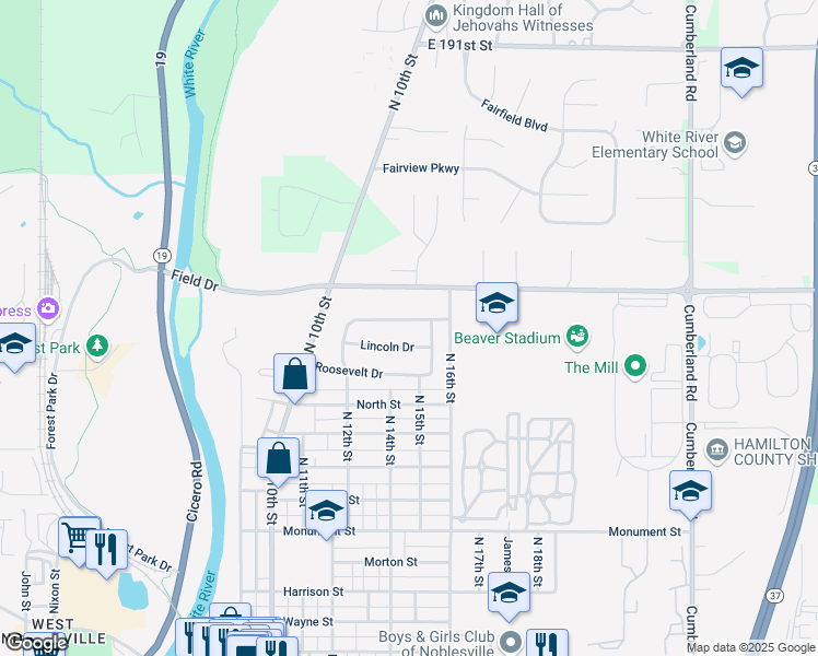 map of restaurants, bars, coffee shops, grocery stores, and more near 1421 Hamilton Drive in Noblesville