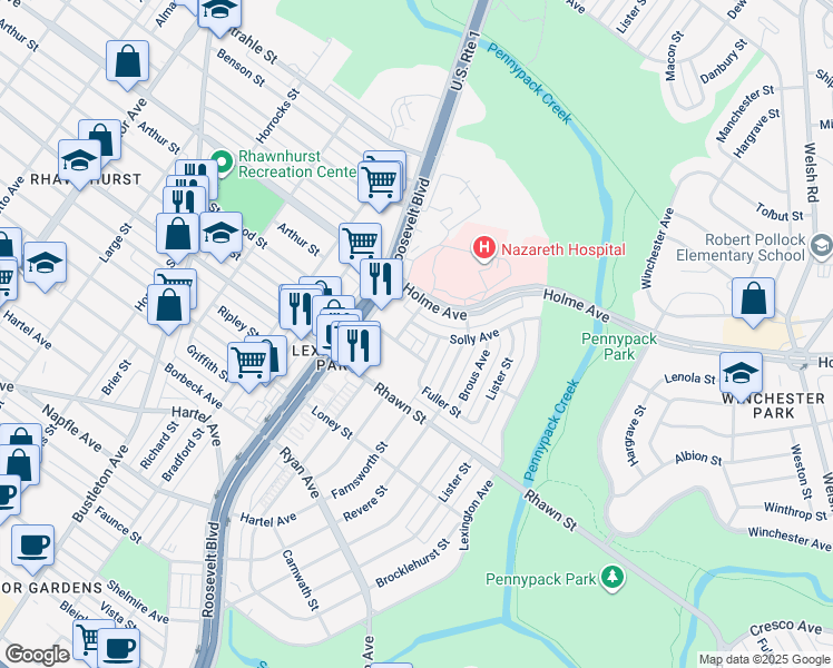 map of restaurants, bars, coffee shops, grocery stores, and more near 2706 Solly Avenue in Philadelphia