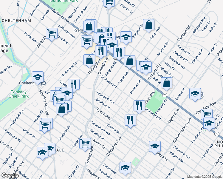 map of restaurants, bars, coffee shops, grocery stores, and more near 7140 Tabor Avenue in Philadelphia