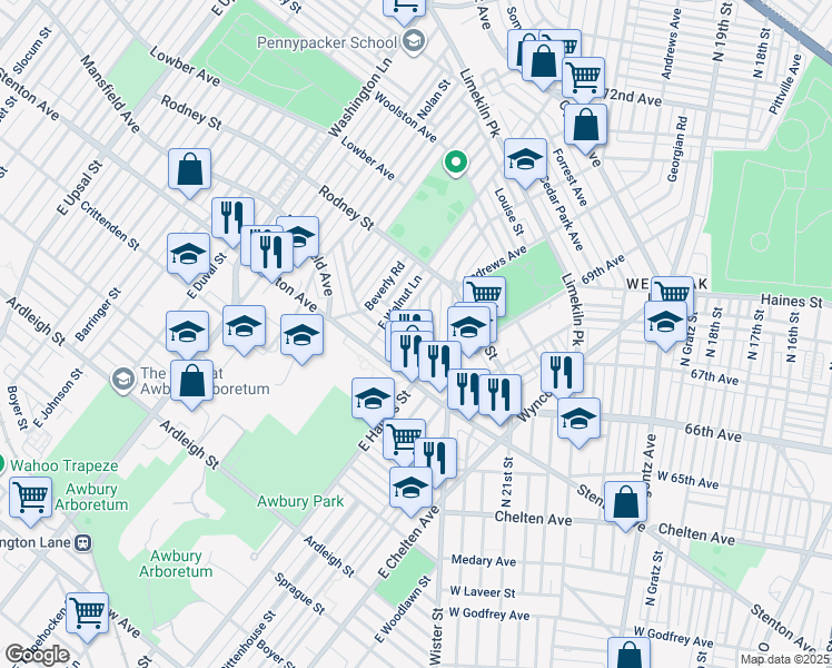 map of restaurants, bars, coffee shops, grocery stores, and more near 6612 Hollis Street in Philadelphia