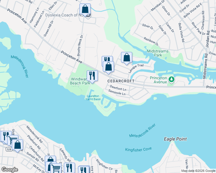 map of restaurants, bars, coffee shops, grocery stores, and more near 312 Cherokee Lane in Brick Township