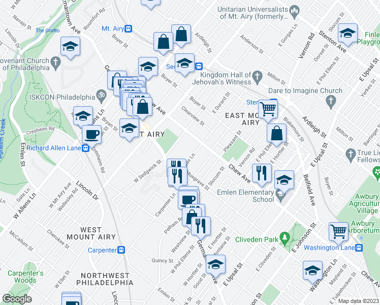 map of restaurants, bars, coffee shops, grocery stores, and more near 131 East Gorgas Lane in Philadelphia