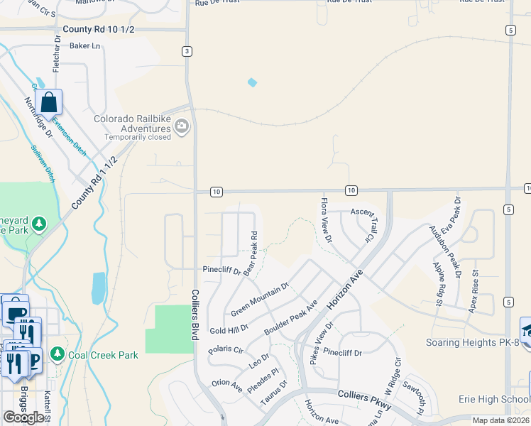 map of restaurants, bars, coffee shops, grocery stores, and more near County Road 10 in Erie