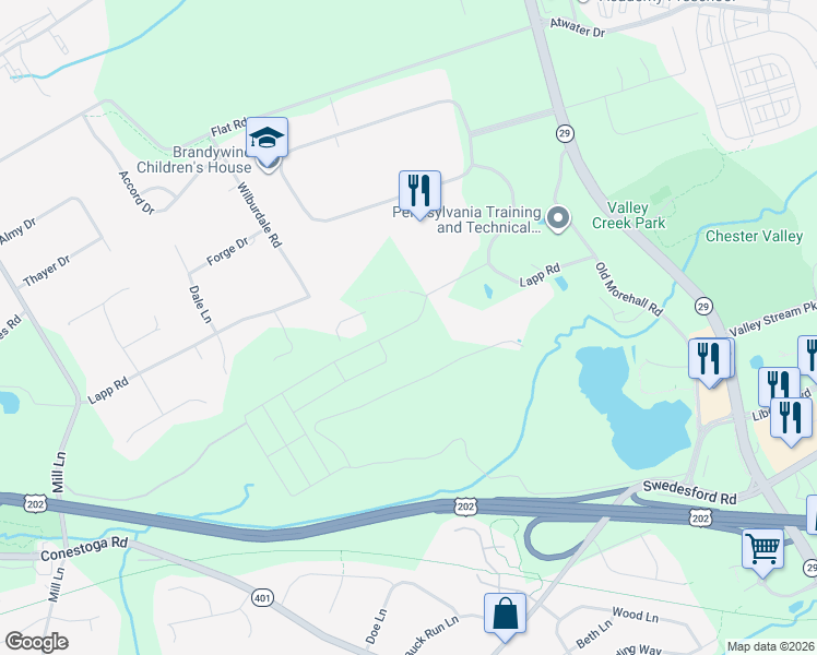 map of restaurants, bars, coffee shops, grocery stores, and more near 400 Lapp Road in Malvern