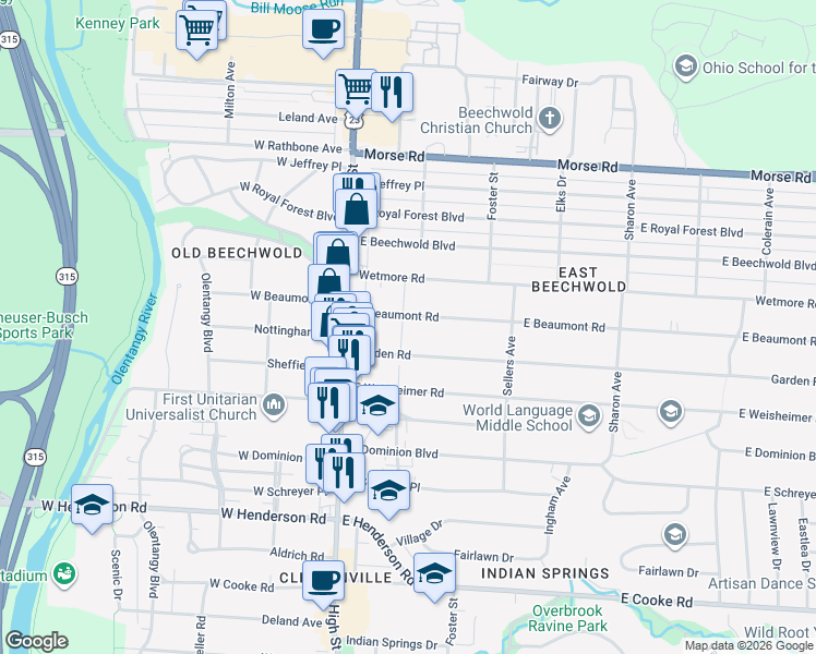 map of restaurants, bars, coffee shops, grocery stores, and more near 83 East Beaumont Road in Columbus