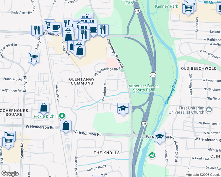 map of restaurants, bars, coffee shops, grocery stores, and more near 678 Providence Avenue in Columbus
