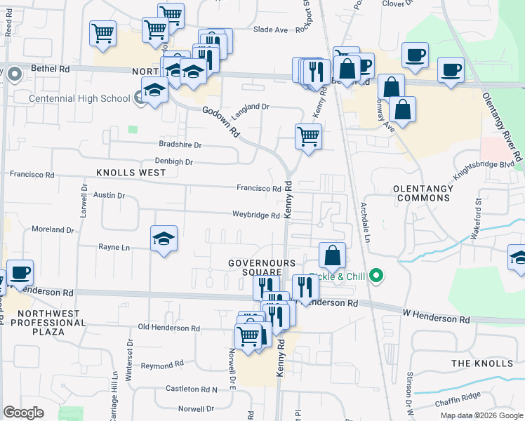 map of restaurants, bars, coffee shops, grocery stores, and more near 1161 Francisco Road in Columbus