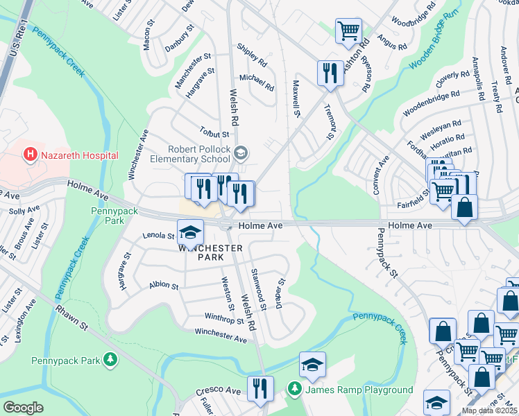 map of restaurants, bars, coffee shops, grocery stores, and more near 2933 Joey Drive in Philadelphia