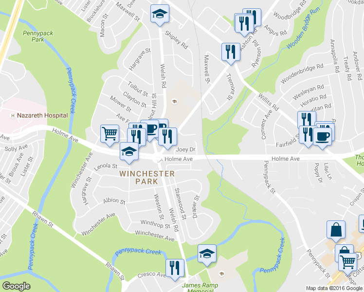map of restaurants, bars, coffee shops, grocery stores, and more near 2935 Joey Drive in Philadelphia
