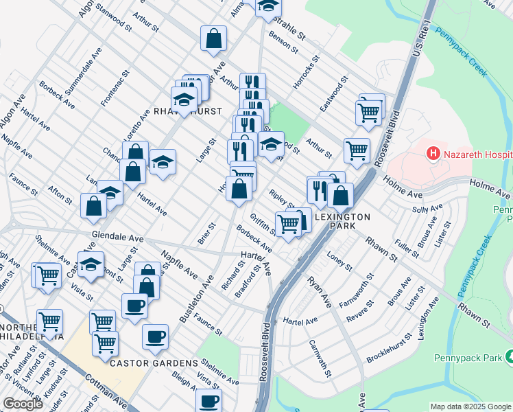 map of restaurants, bars, coffee shops, grocery stores, and more near 7927 Bustleton Avenue in Philadelphia
