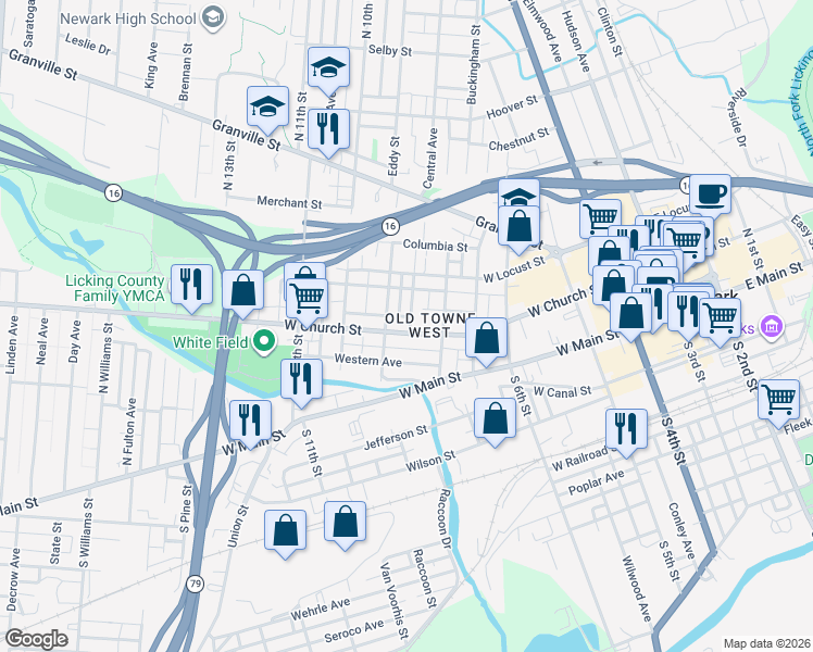 map of restaurants, bars, coffee shops, grocery stores, and more near 72 Flory Avenue in Newark