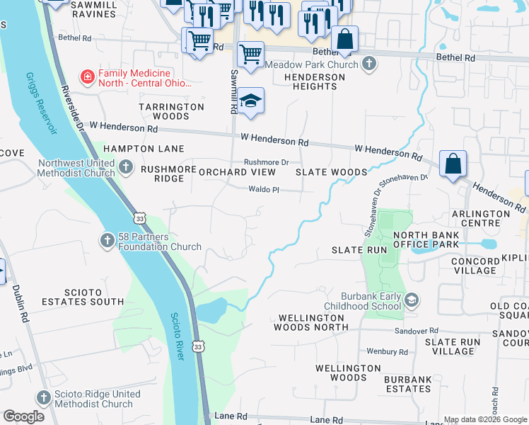 map of restaurants, bars, coffee shops, grocery stores, and more near 5050 Squirrel Bend in Columbus