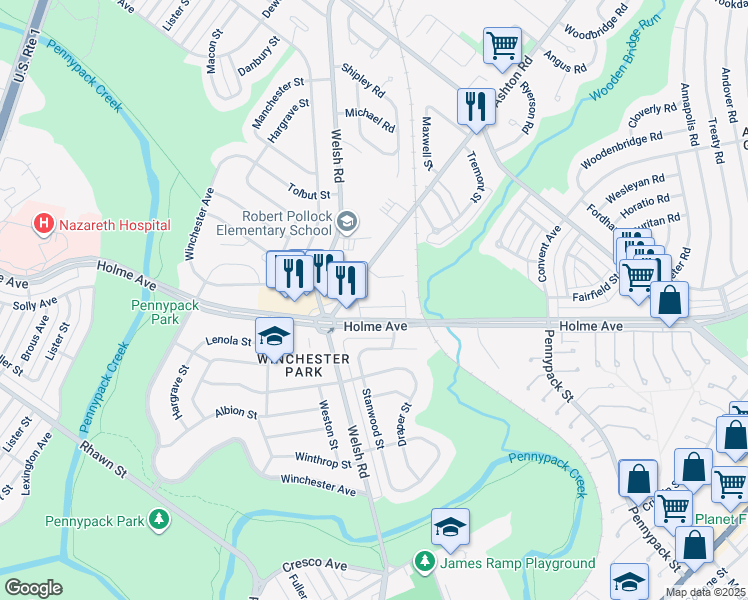 map of restaurants, bars, coffee shops, grocery stores, and more near 2933 Joey Drive in Philadelphia