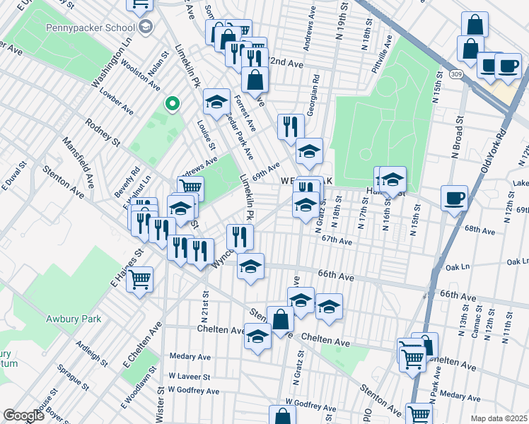 map of restaurants, bars, coffee shops, grocery stores, and more near 6740 Wyncote Avenue in Philadelphia