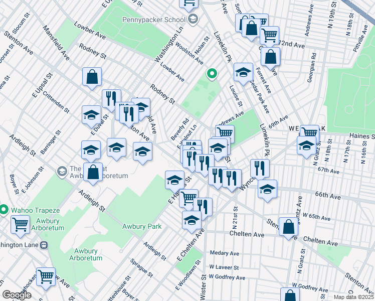 map of restaurants, bars, coffee shops, grocery stores, and more near 6647 Cornelius Street in Philadelphia