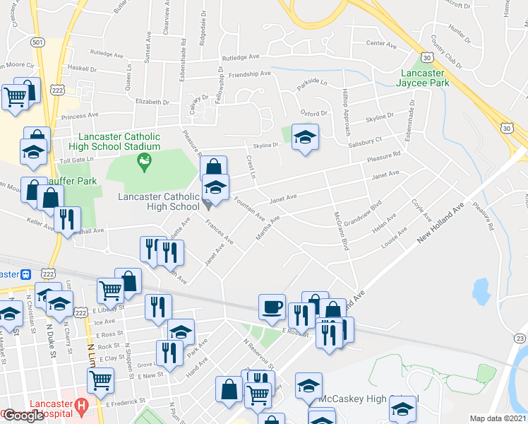 map of restaurants, bars, coffee shops, grocery stores, and more near 920 Fountain Avenue in Lancaster
