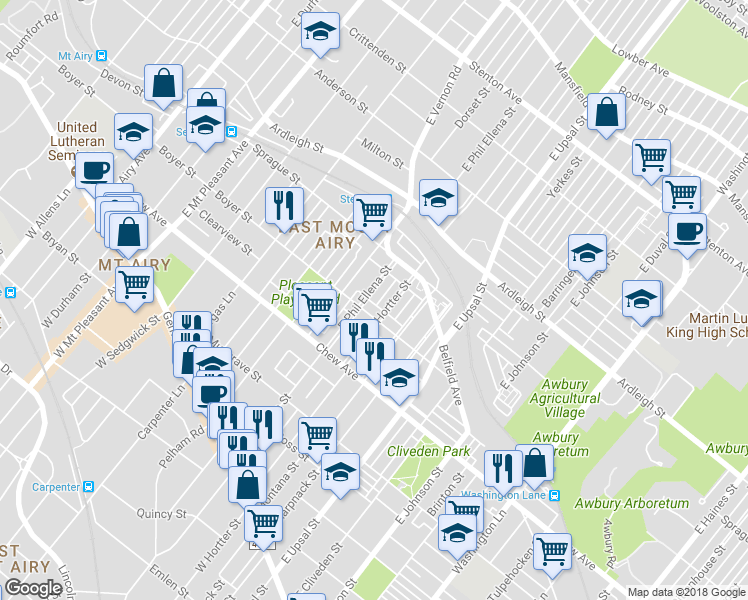 map of restaurants, bars, coffee shops, grocery stores, and more near 416 East Phil Ellena Street in Philadelphia