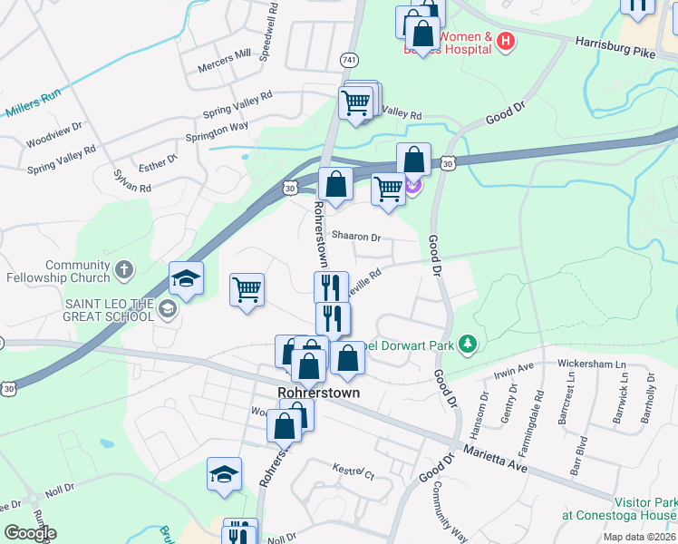 map of restaurants, bars, coffee shops, grocery stores, and more near 911 Rohrerstown Road in Lancaster