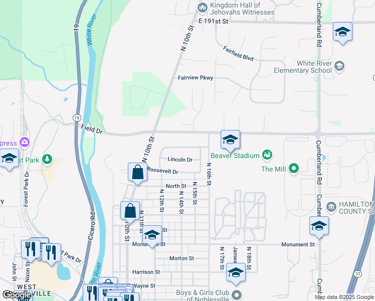 map of restaurants, bars, coffee shops, grocery stores, and more near 1421 Hamilton Drive in Noblesville