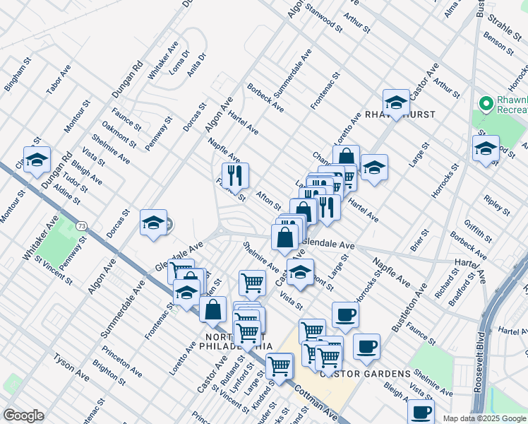 map of restaurants, bars, coffee shops, grocery stores, and more near 1825 Faunce Street in Philadelphia
