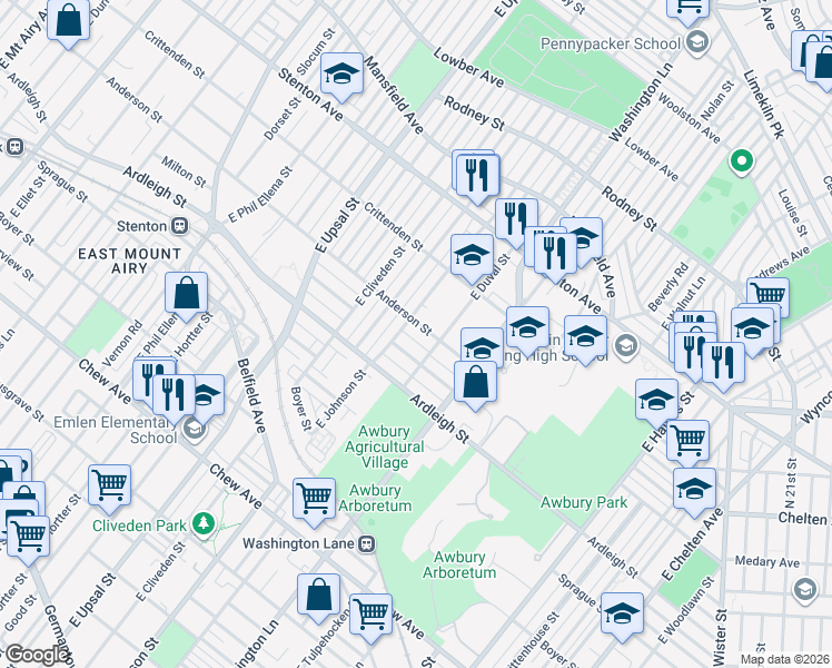 map of restaurants, bars, coffee shops, grocery stores, and more near 6336 Anderson Street in Philadelphia
