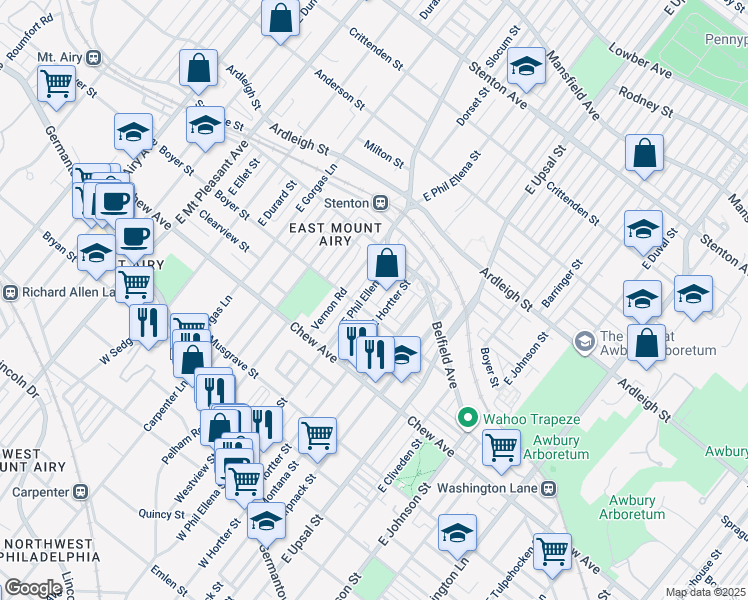 map of restaurants, bars, coffee shops, grocery stores, and more near 416 East Phil Ellena Street in Philadelphia