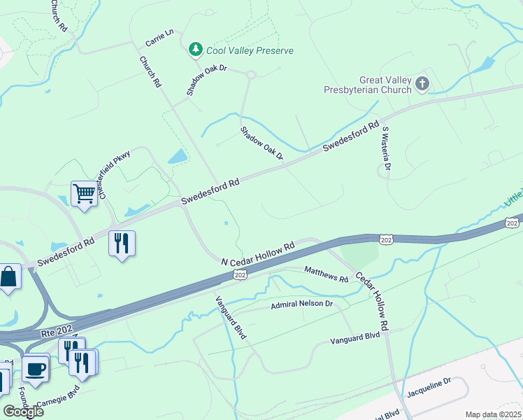 map of restaurants, bars, coffee shops, grocery stores, and more near 2390 Pineview Drive in Malvern