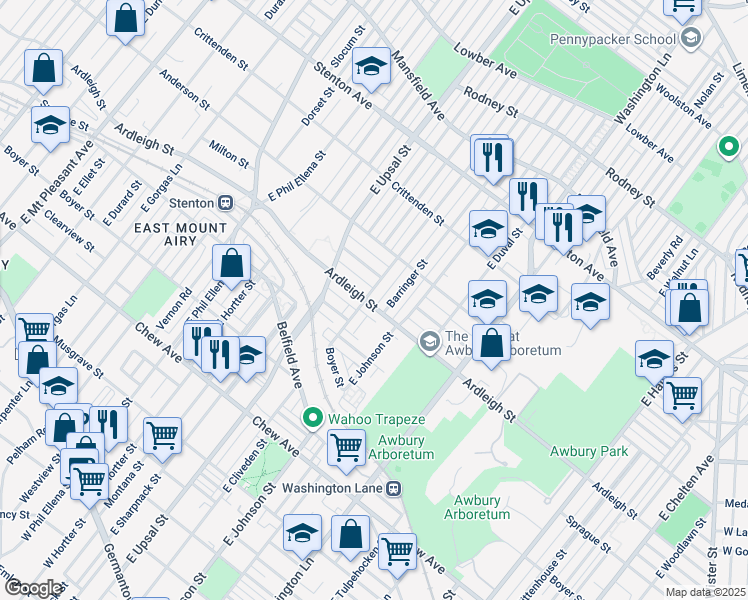 map of restaurants, bars, coffee shops, grocery stores, and more near 1100 East Cliveden Street in Philadelphia