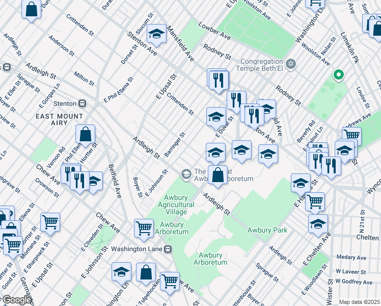 map of restaurants, bars, coffee shops, grocery stores, and more near 6336 Anderson Street in Philadelphia