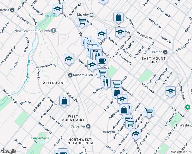 map of restaurants, bars, coffee shops, grocery stores, and more near 108 West Mount Pleasant Avenue in Philadelphia